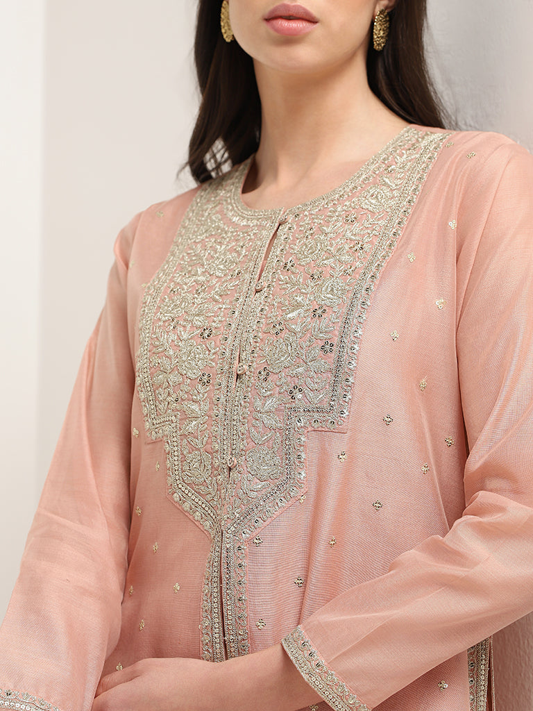 Vark Peach Embroidered Kurta, Inner & Pants Set