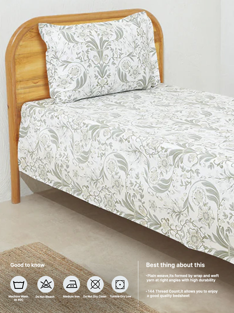 Westside Home Green Floral Single Bed Flat Sheet and Pillowcover Set