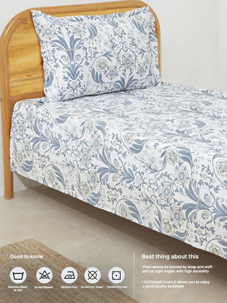 Westside Home Dusty Blue Damask Floral Single Bed Flat Sheet and Pillowcase Set