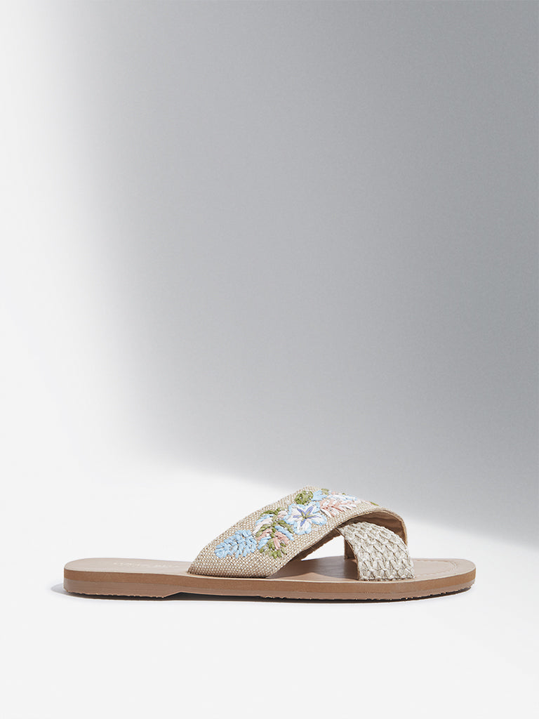 LUNA BLU Blue Floral Embroidered Slides