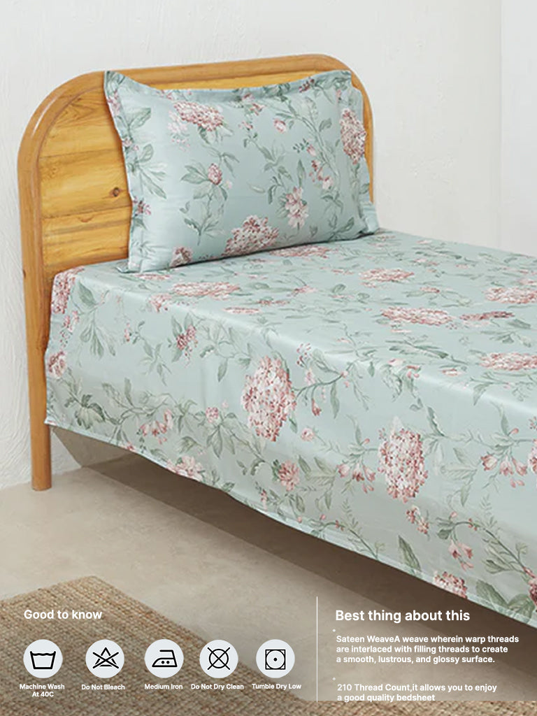 Westside Home Mint Floral Design Single Bed Flat Sheet and Pillowcase Set