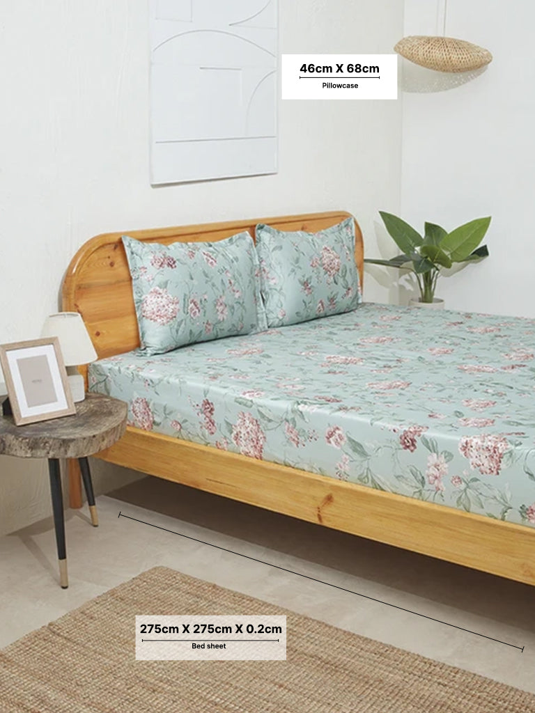 Westside Home Mint Floral Design King Bed Flat Sheet and Pillowcase Set