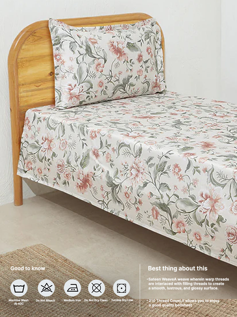 Westside Home Dusty Rose Floral Print Single Bed Flat Sheet and Pillow cover Set