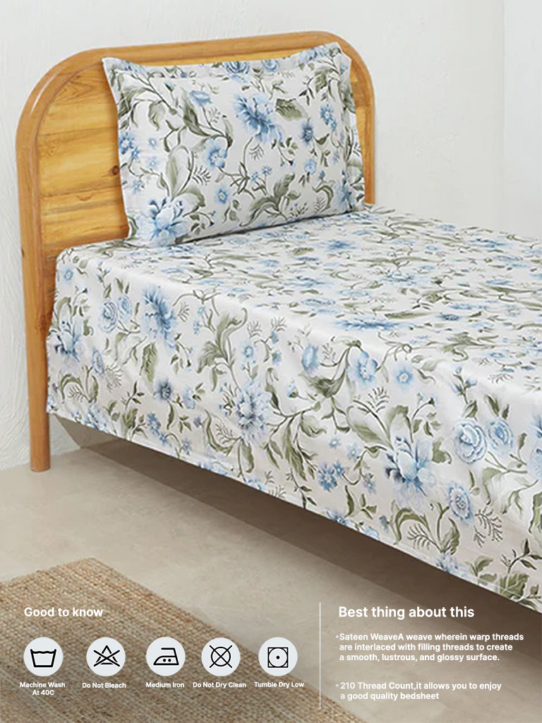 Westside Home Aqua Floral Print Single Bed Flat sheet and Pillow cover Set