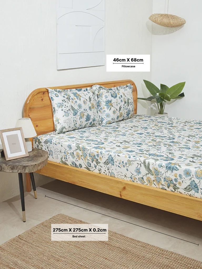 Westside Home Aqua Floral Design King Bed Flat Sheet and Pillowcase Set