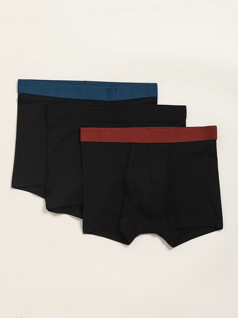 WES Lounge Black Cotton-Blend Relaxed Fit Trunks - Pack of 3