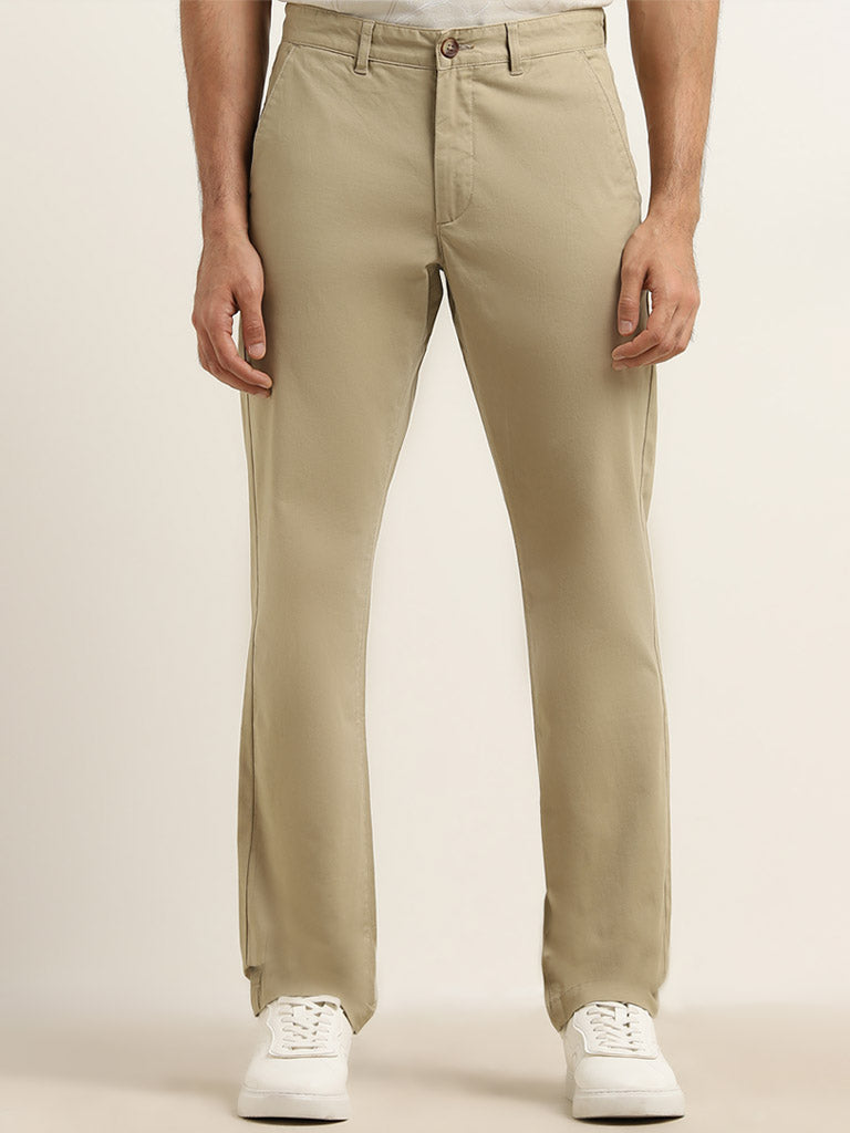 WES Casuals Beige Relaxed-Fit Mid-Rise Cotton Chinos