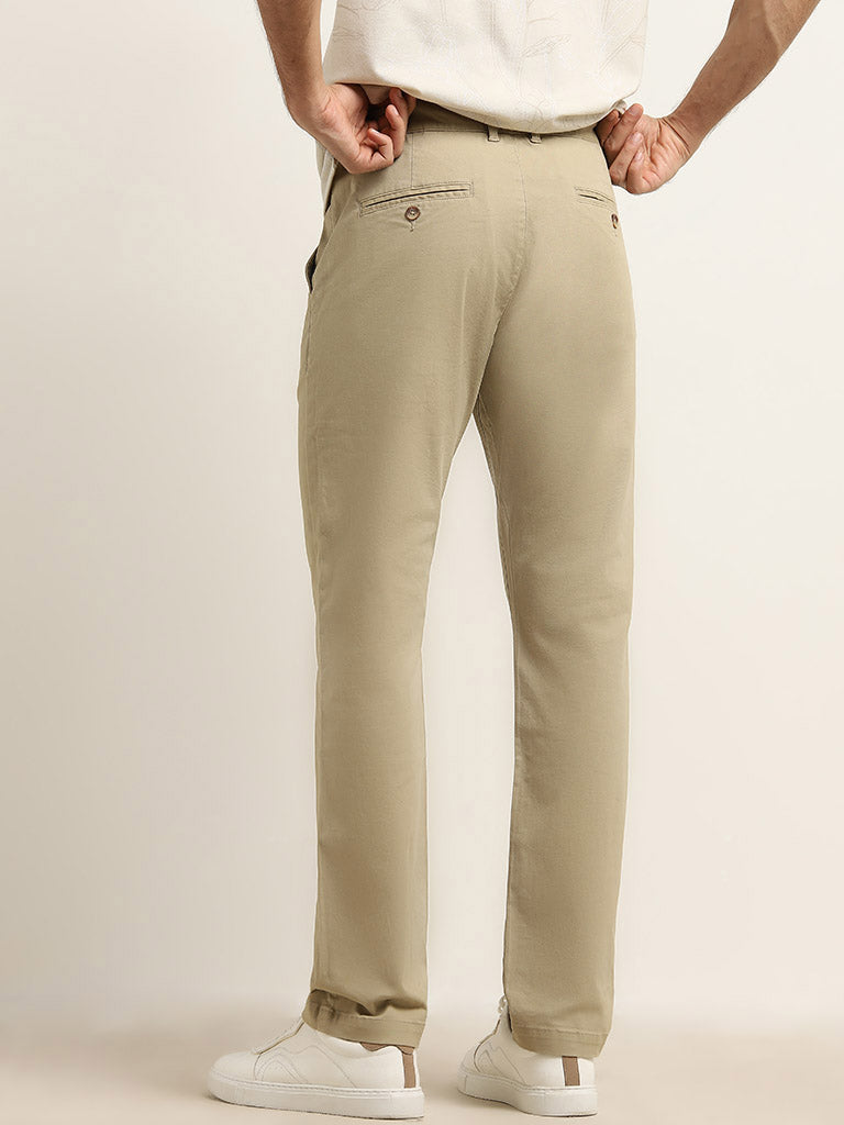 WES Casuals Beige Relaxed-Fit Mid-Rise Cotton Chinos