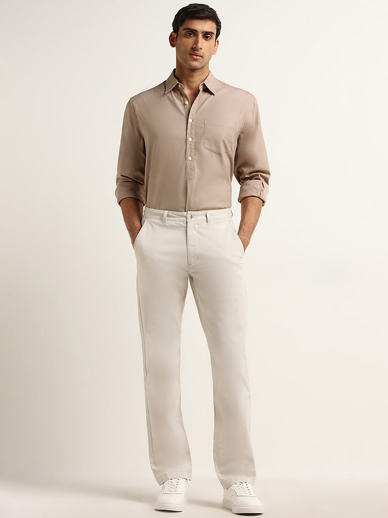 WES Casuals Cream Relaxed-Fit Mid-Rise Cotton Blend Chinos