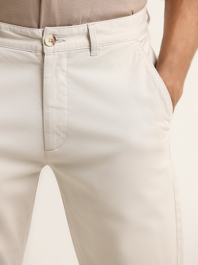 WES Casuals Cream Relaxed-Fit Mid-Rise Cotton Blend Chinos