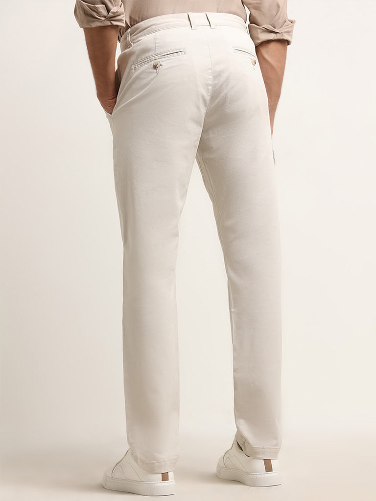 WES Casuals Cream Relaxed-Fit Mid-Rise Cotton Blend Chinos