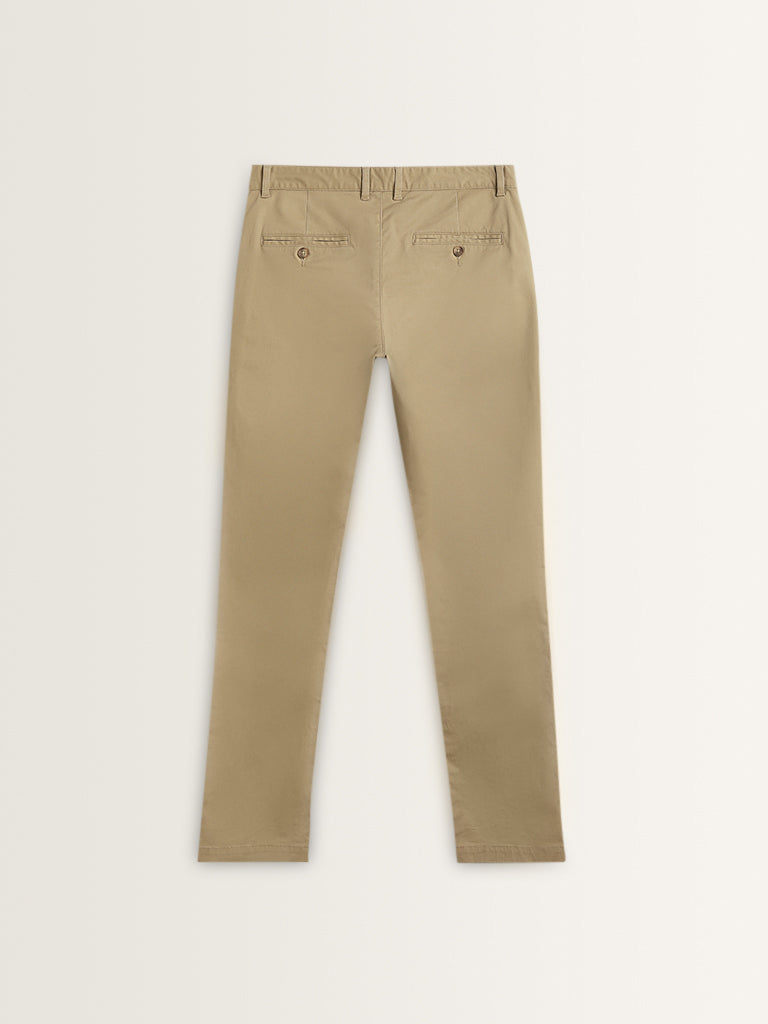 WES Casuals Dark Beige Cotton Blend Slim Fit Mid Rise Trousers