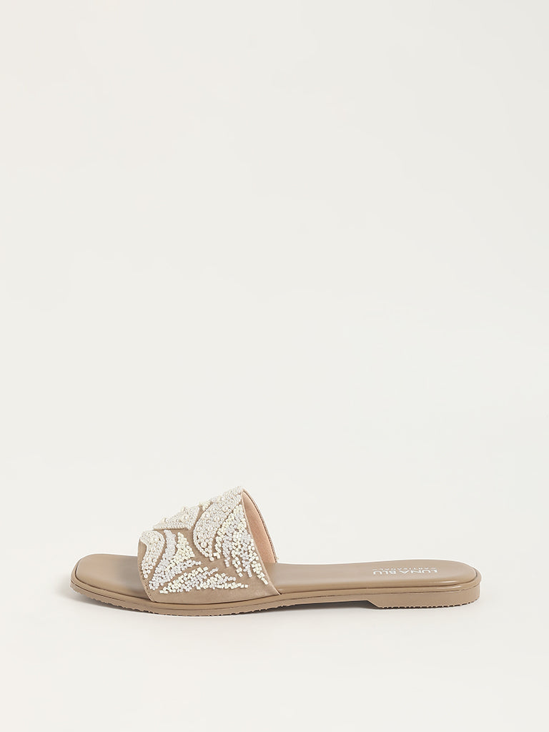 Buy Alberto Torresi Embellished-sequined Synthetic Beige Flat Sandals For  Women online