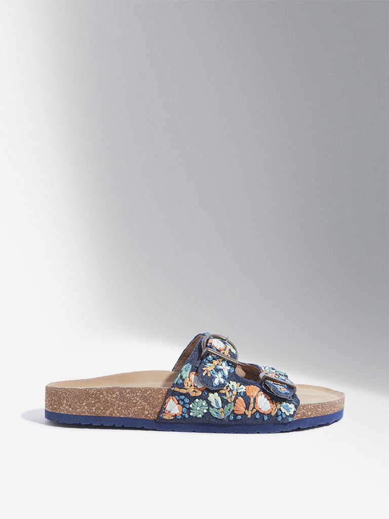 LUNA BLU Navy Floral Embroidered Dual Band Sandals