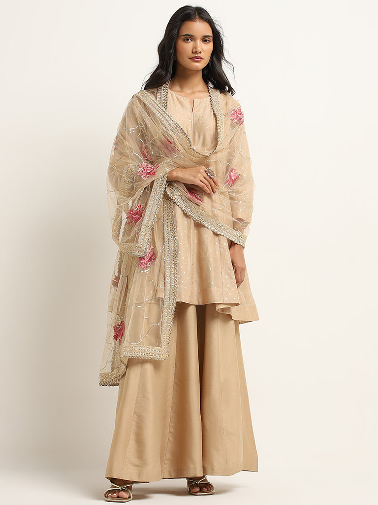 Vark Beige A-Line Kurta, High-Rise Palazzos & Dupatta Set