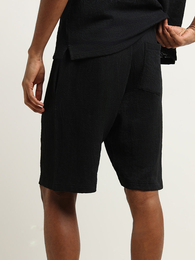 ETA Black Textured Cotton Blend Relaxed Fit Shorts