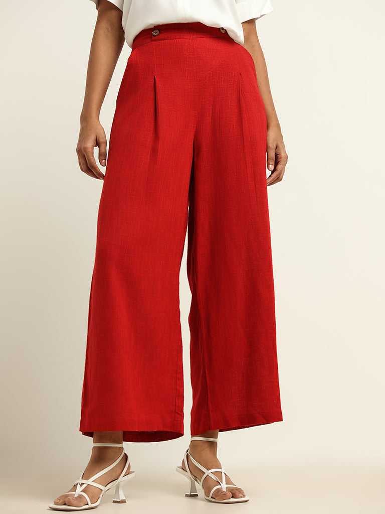 Madame Front Pleated Coral Red Highb Rise Trouser | Buy COLOR ROSE Plazo  Online for | Glamly