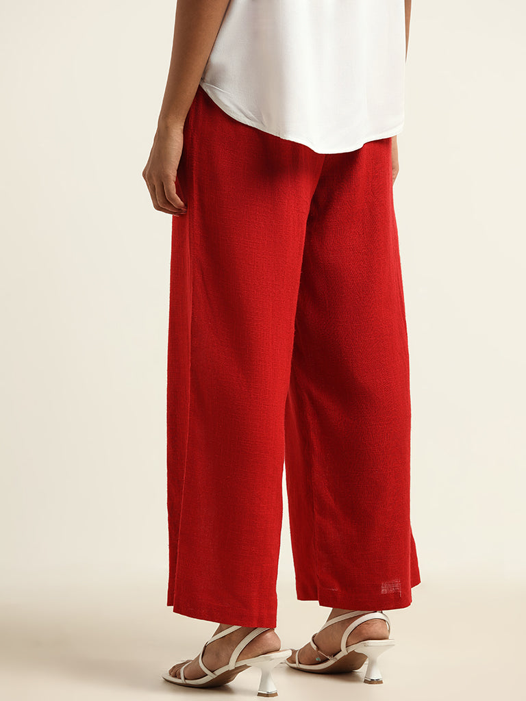 Womens Trendy Palazzo Pants Cotton Wide Leg Drawstring Solid Color Trousers  Loose Fit Side Buttons Pants (Medium, Red) - Walmart.com