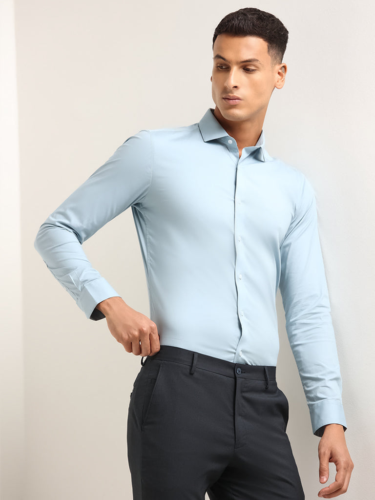 WES Formals Blue Solid Cotton Blend Ultra Slim Fit Shirt