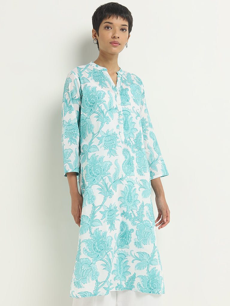 Utsa Turquoise Floral Printed Straight Cotton Kurta