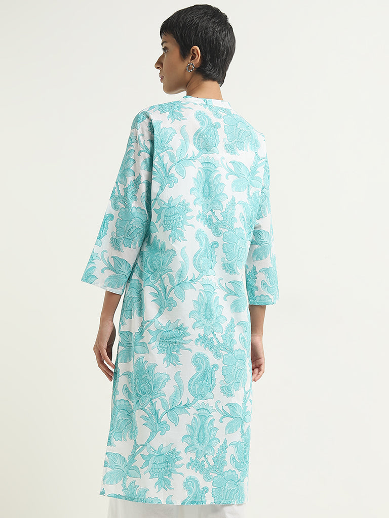 Utsa Turquoise Floral Printed Straight Cotton Kurta