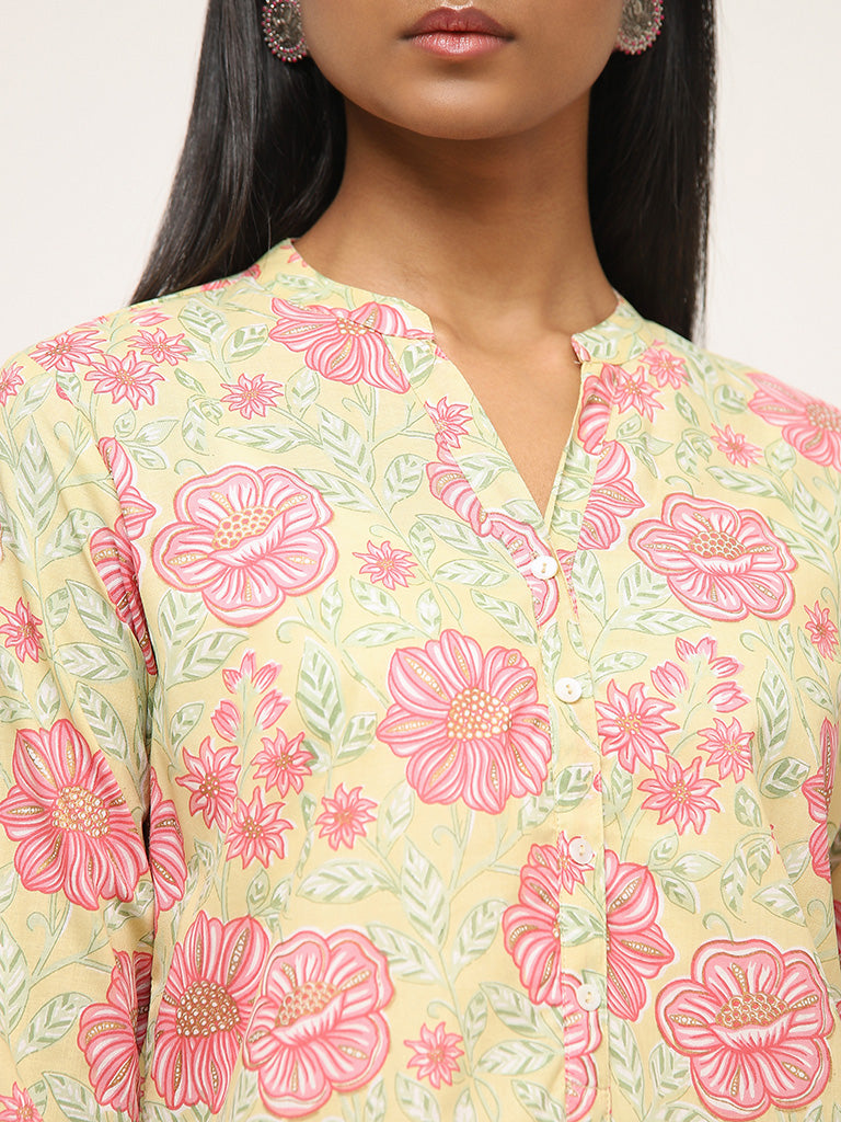 Utsa Yellow Floral Printed Straight Cotton Kurta