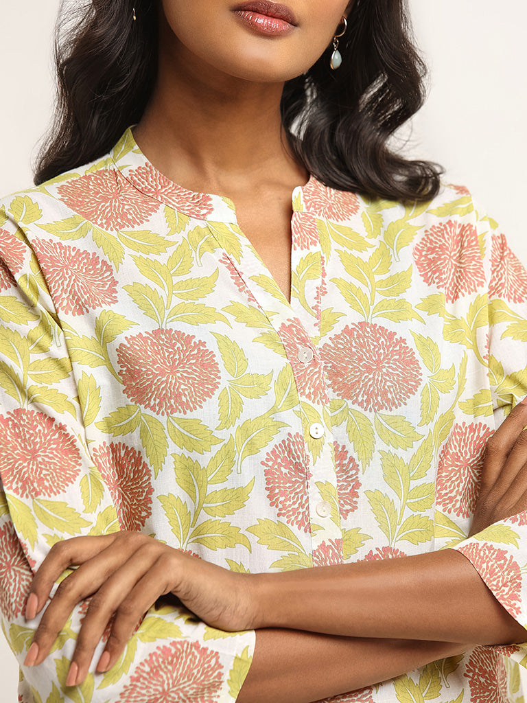 Utsa Green Floral Print Cotton Kurta