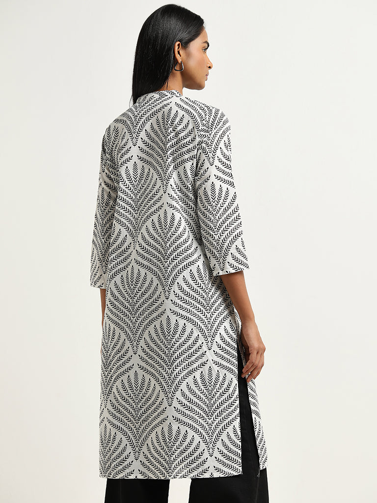 Utsa White Leaf Printed A-Line Cotton Kurta