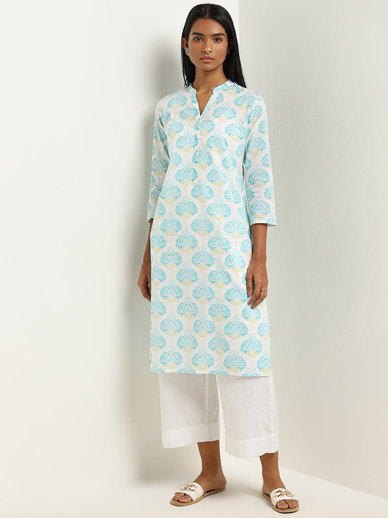 Utsa Turquoise Ikat Printed Straight Cotton Kurta