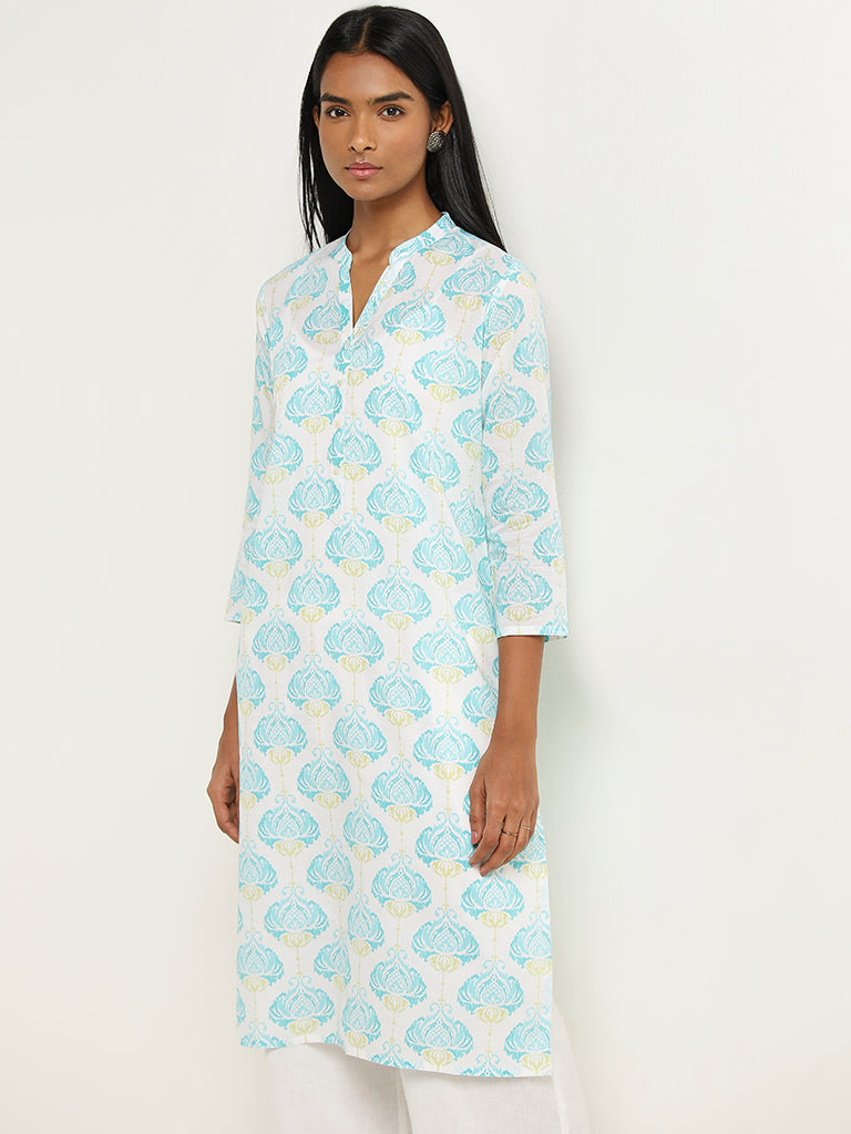 Utsa Turquoise Ikat Printed Straight Cotton Kurta