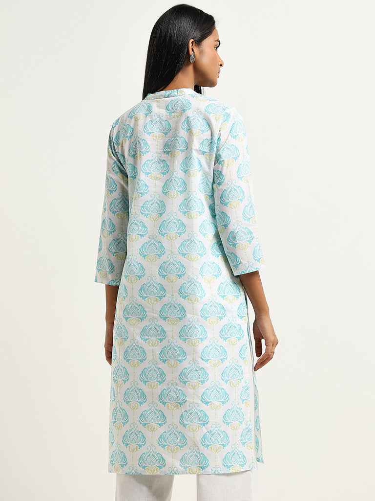 Utsa Turquoise Ikat Printed Straight Cotton Kurta