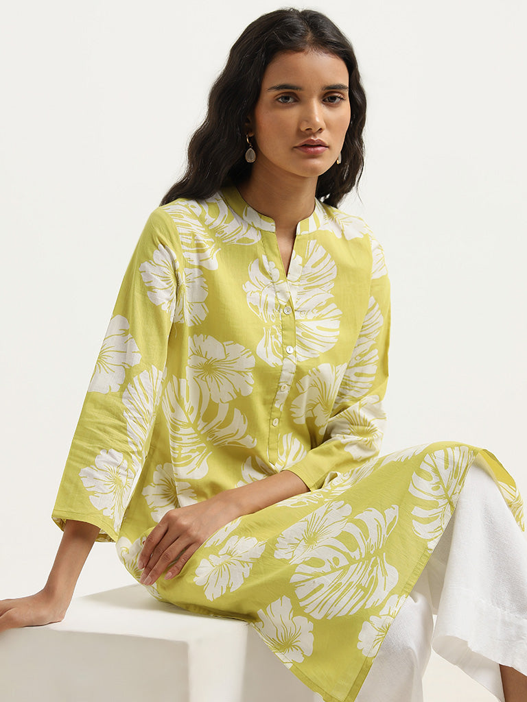 Utsa Lime Floral Pattern Straight Kurta