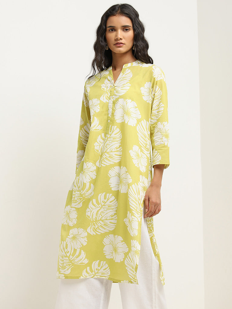 Utsa Lime Floral Pattern Straight Kurta