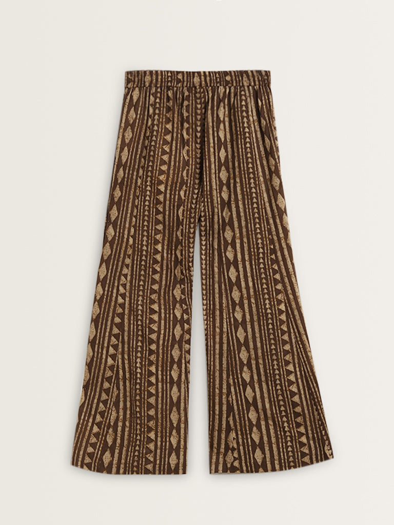 Utsa Brown Geometric Print Cotton High-Rise Palazzos