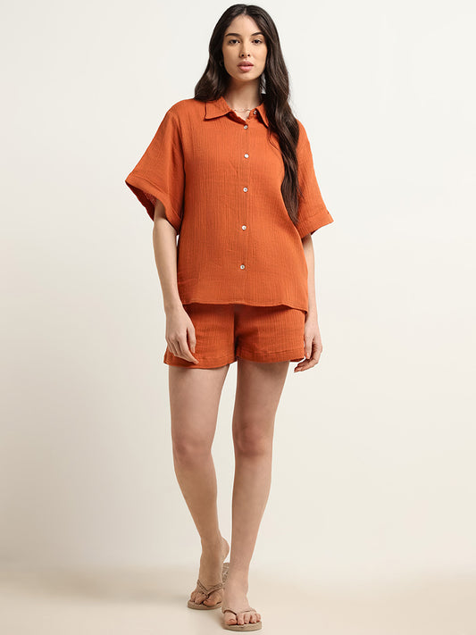 Wunderlove Rust Cotton Crinkled Relaxed Beach Shirt