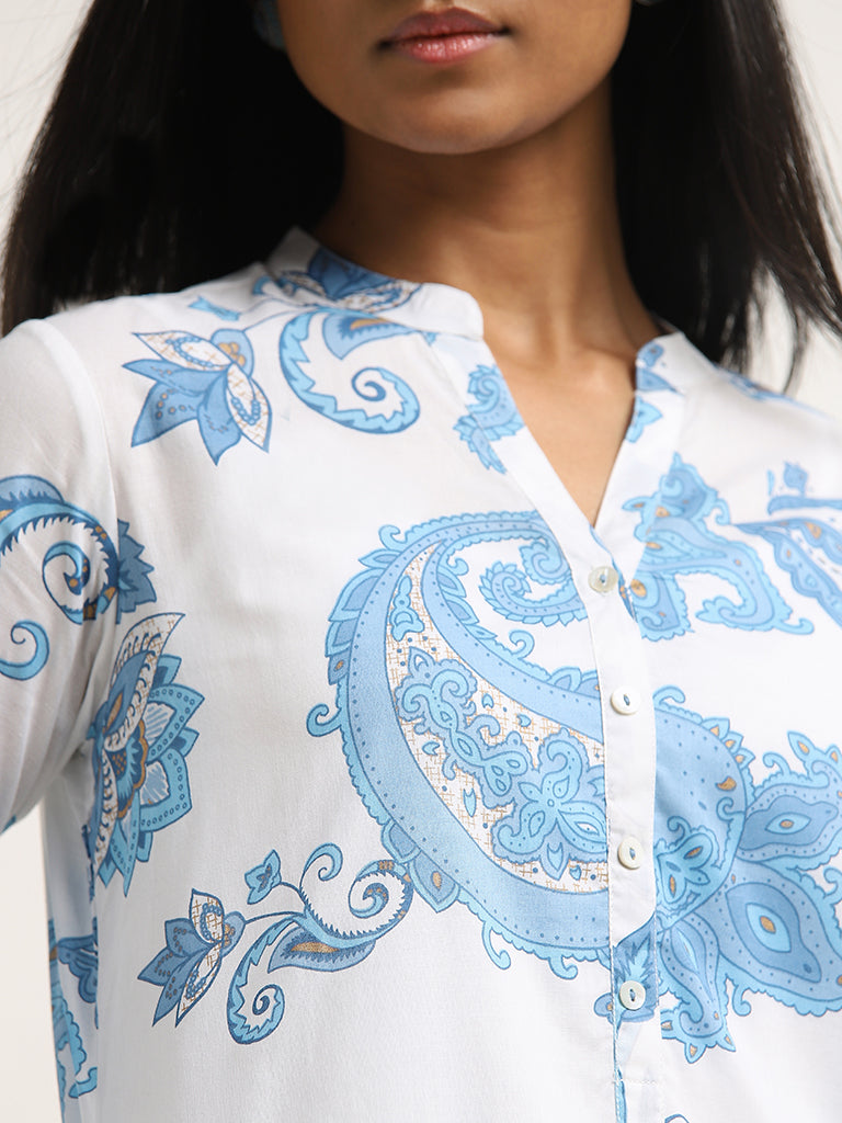 Utsa Blue Paisley Design Straight Cotton Kurta