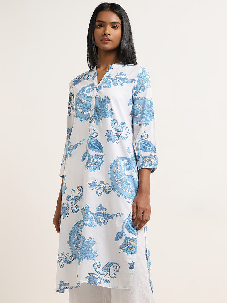 Utsa Blue Paisley Design Straight Cotton Kurta