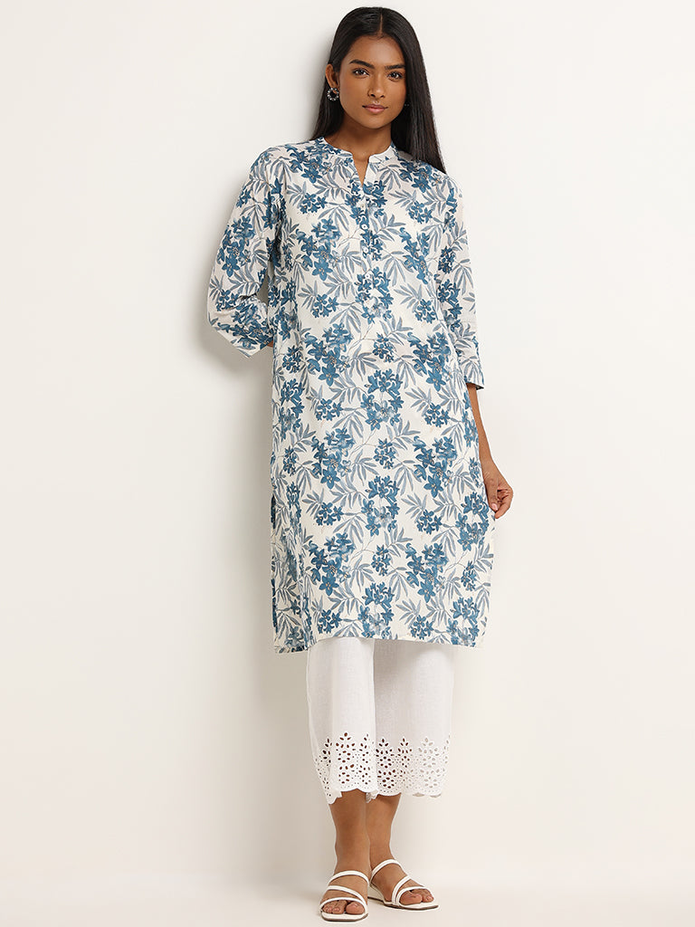 Utsa Blue Floral Print Cotton Kurta