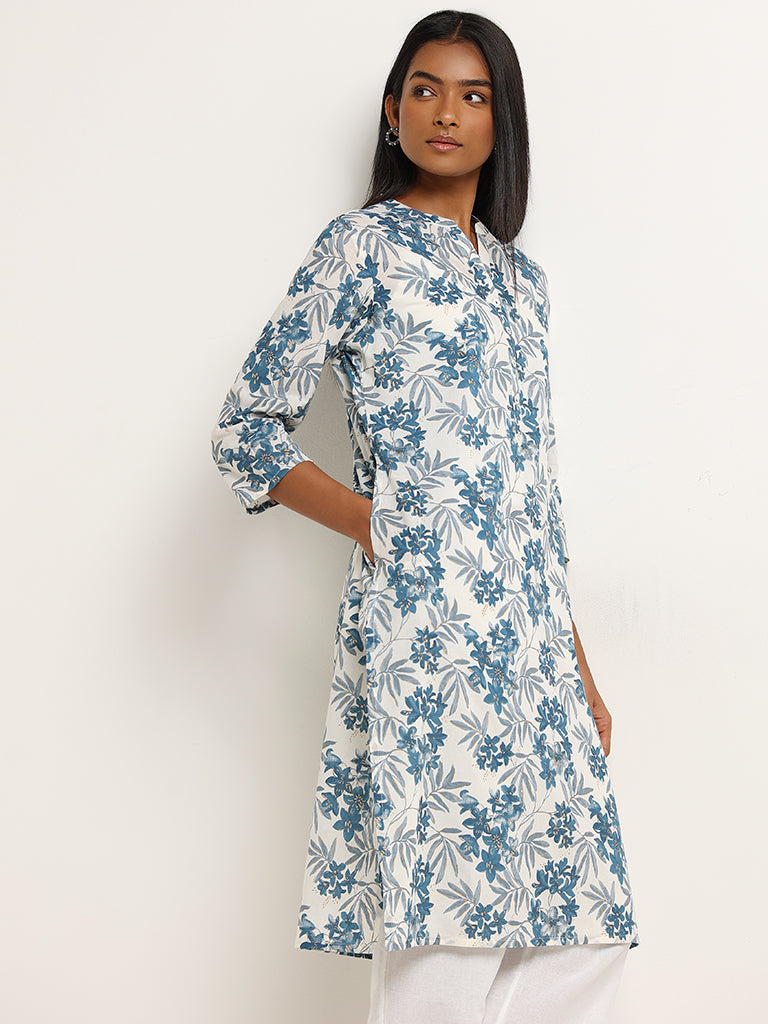 Utsa Blue Floral Print Cotton Kurta