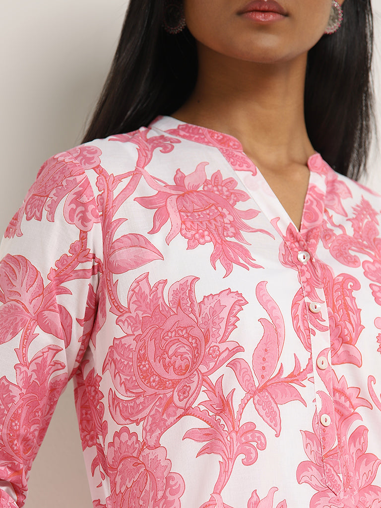 Utsa Pink Floral Pattern Straight Cotton Kurta