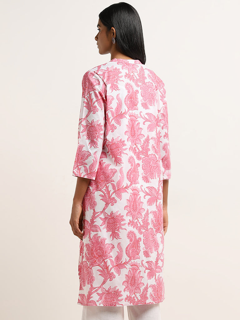 Utsa Pink Floral Pattern Straight Cotton Kurta