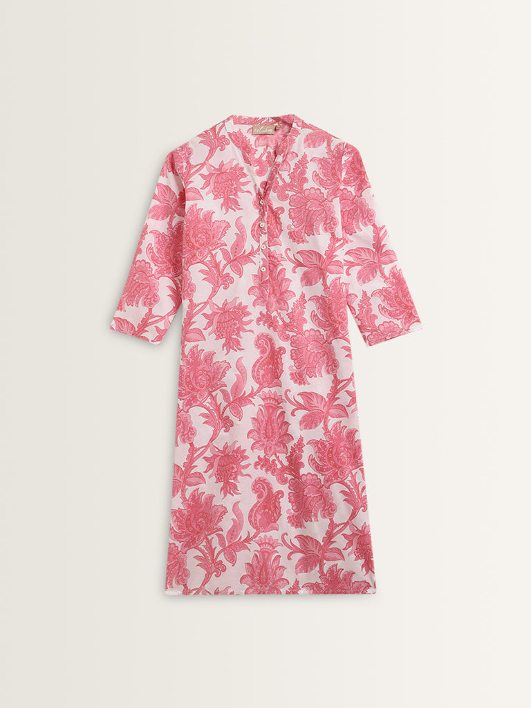 Utsa Pink Floral Pattern Straight Cotton Kurta