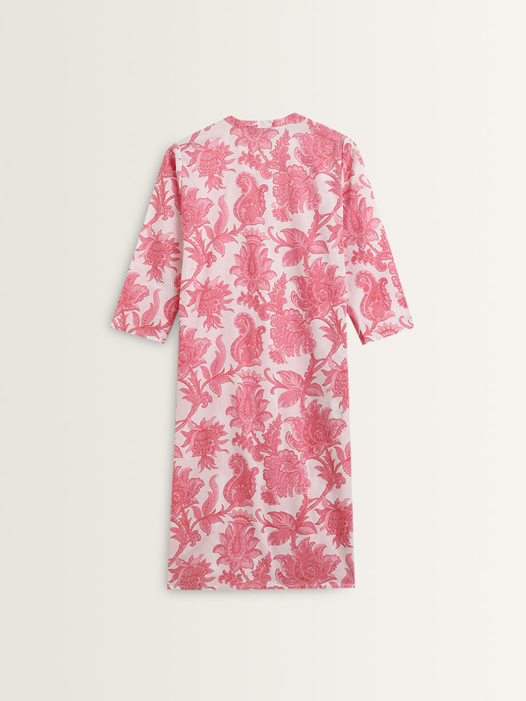 Utsa Pink Floral Pattern Straight Cotton Kurta