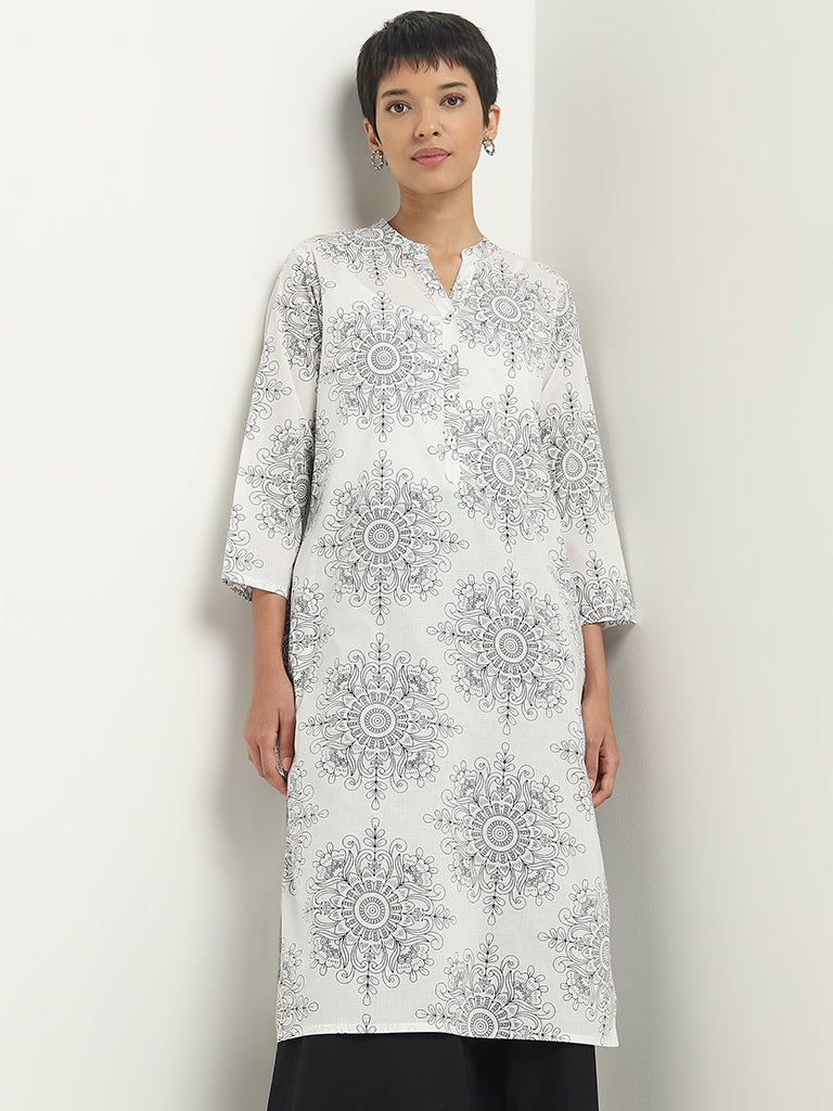 Utsa Ivory Mandala Inspired Straight Cotton Kurta