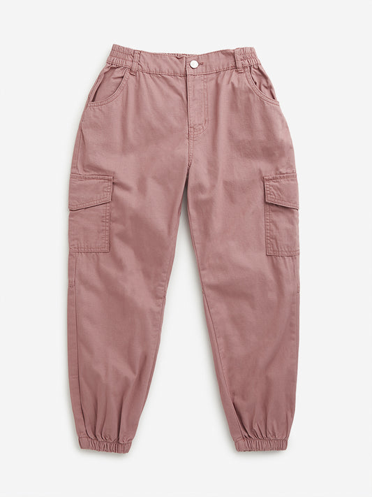 Y&F Kids Dusty Pink Cargo-Style Mid-Rise Cotton Joggers