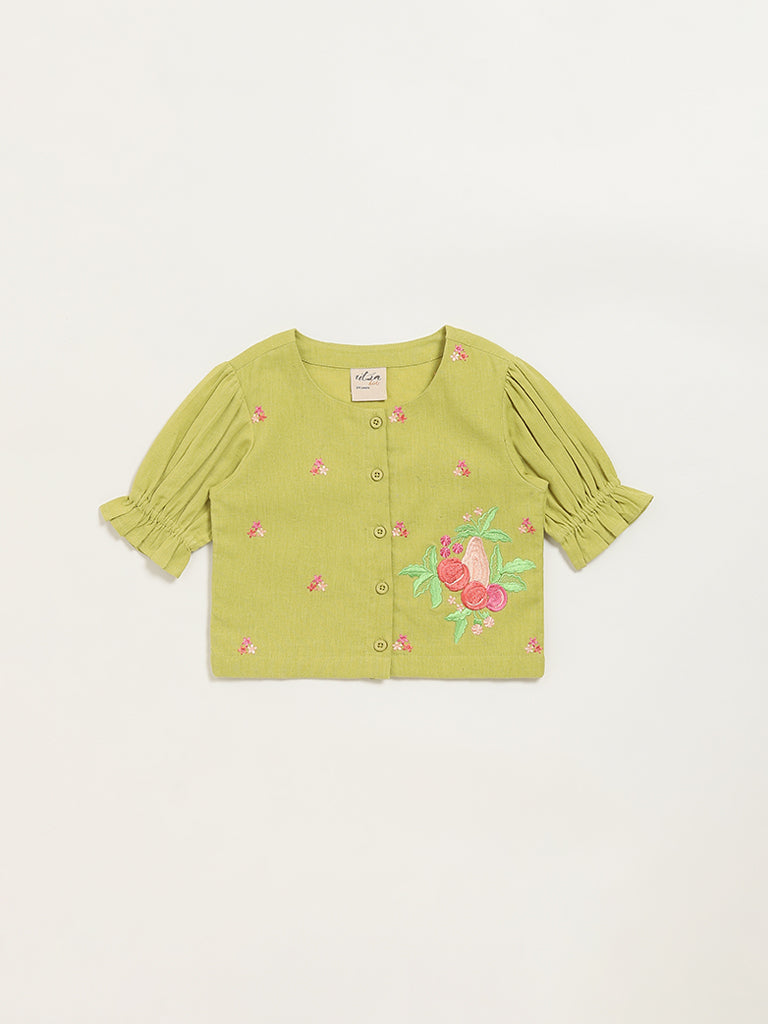 Utsa Kids Green Button-Up Floral Cotton Blend Top (2 - 8yrs)