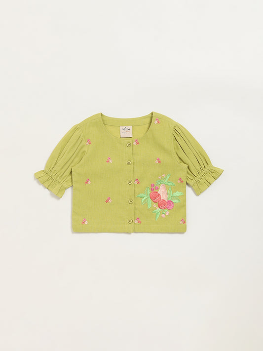 Utsa Kids Green Button-Up Floral Cotton Blend Top (2 - 8yrs)