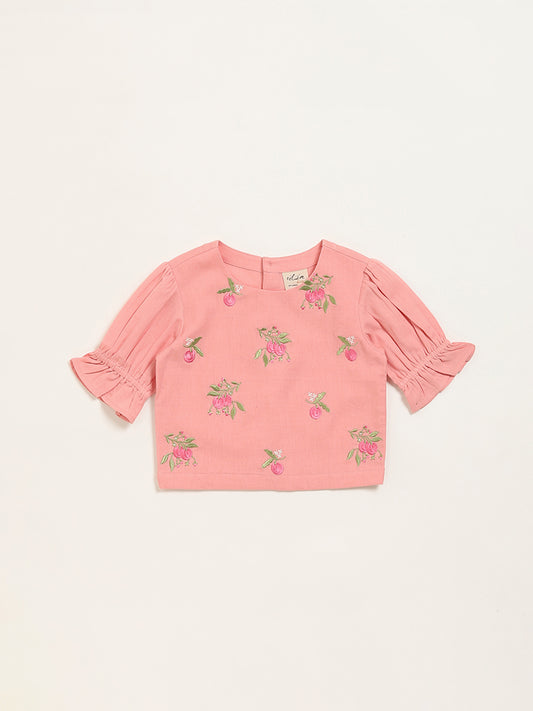 Utsa Kids Peach Floral Embroidered Cotton Blend Top (2 - 8yrs)
