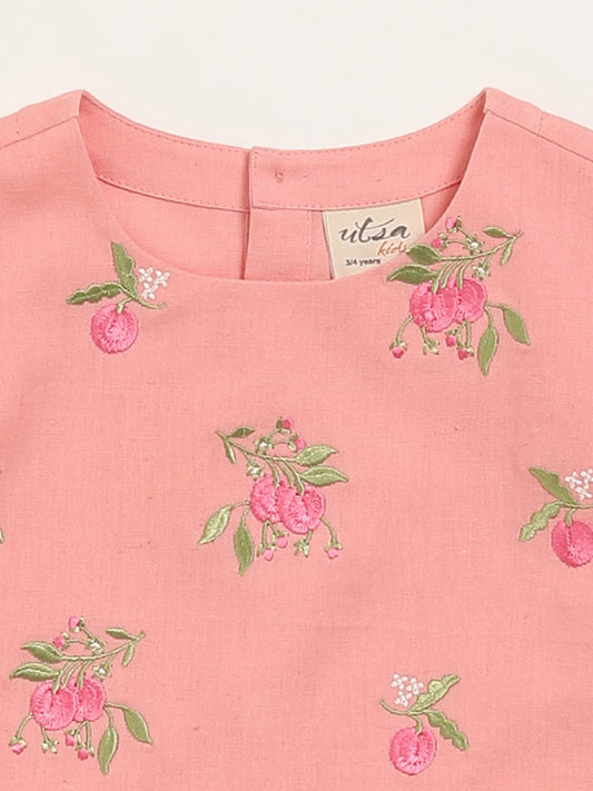 Utsa Kids Peach Floral Embroidered Cotton Blend Top (2 - 8yrs)