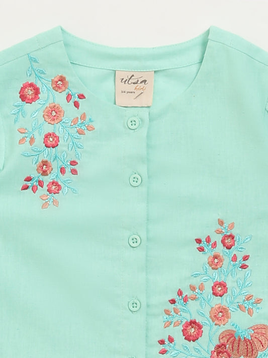 Utsa Kids Blue Button-Up Floral Cotton Blend Top (2 - 8yrs)